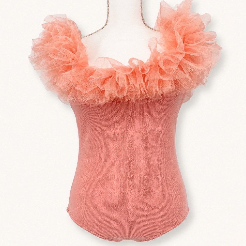 Entro Women Large Bodysuit Pink‎ Tulle Ruffle Ribbed Knit Thong Ballet Coquette